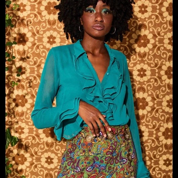 Chic Teal Ruffle Blouse - Picture 1 of 5